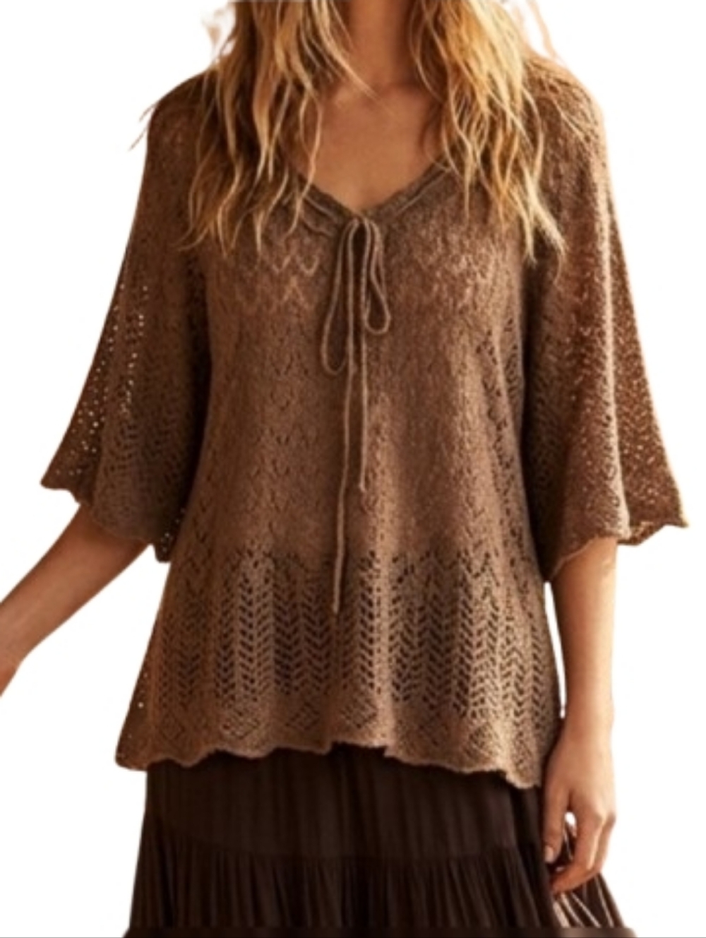 FREE PEOPLE Boho Open Knit V Neck Sweater